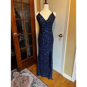 Primavera Fully Beaded and Sequined Blue Evening Gown Prom Dress